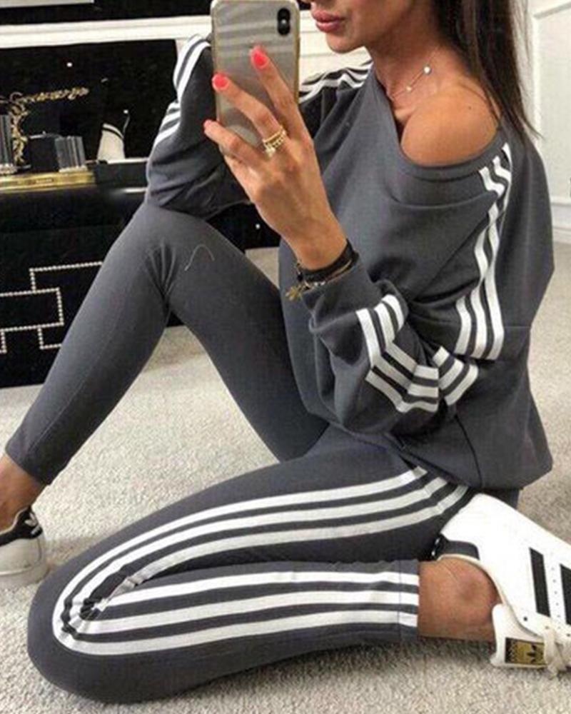 

Striped Tape Long Sleeve Top & Pants Set, Dark grey