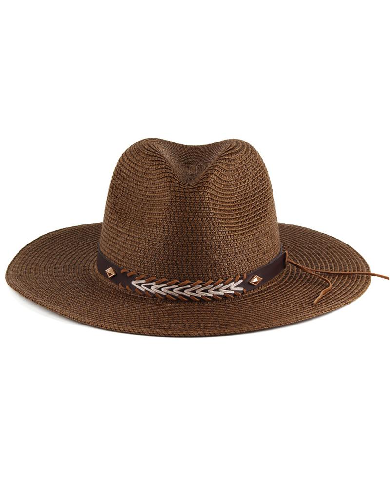 

Geometric Pattern Wide Brim Straw Hat, Coffee