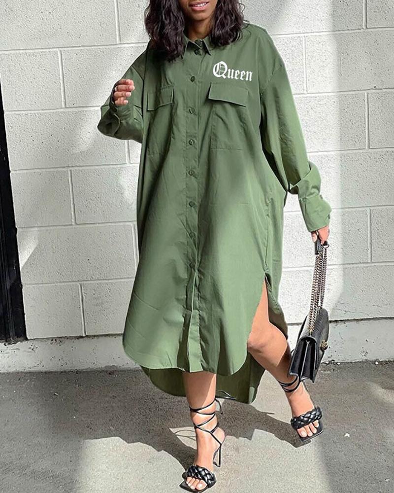 

Letter Print Pocket Button Design Shirt Dress, Green