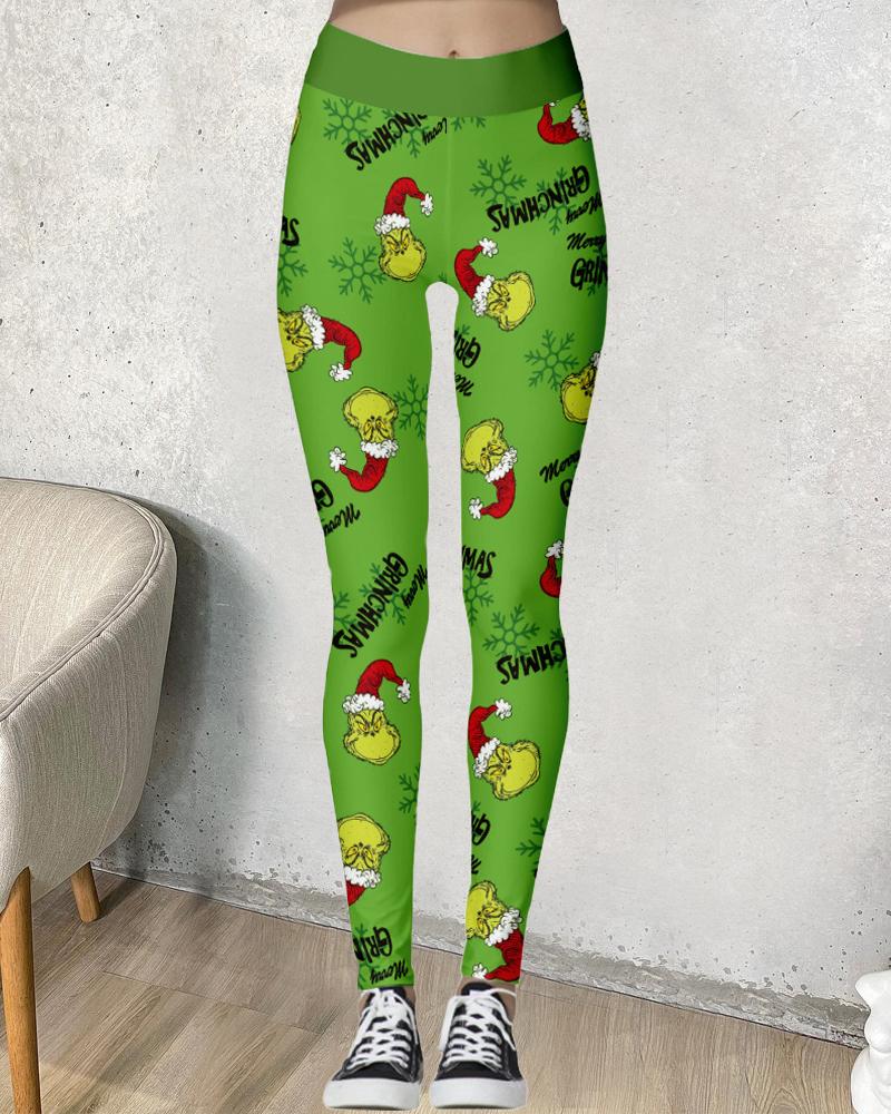 

Christmas Snowflake Grinch Print Leggings, Green