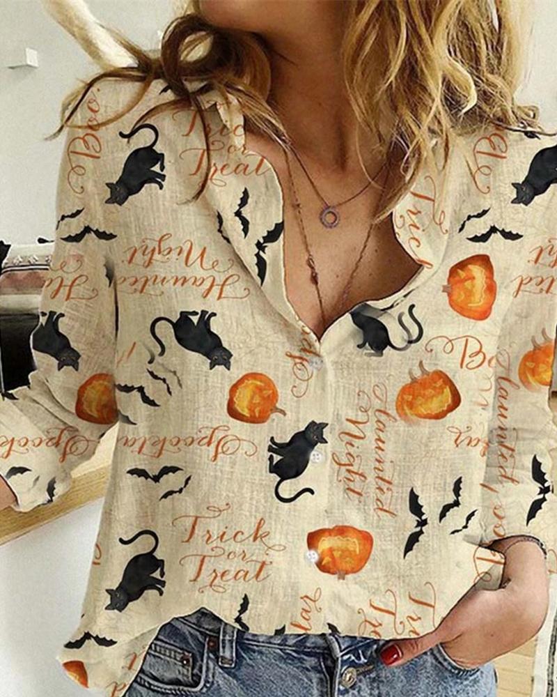 

Halloween Pumpkin Mouse Print Long Sleeve Casual Shirt, Beige