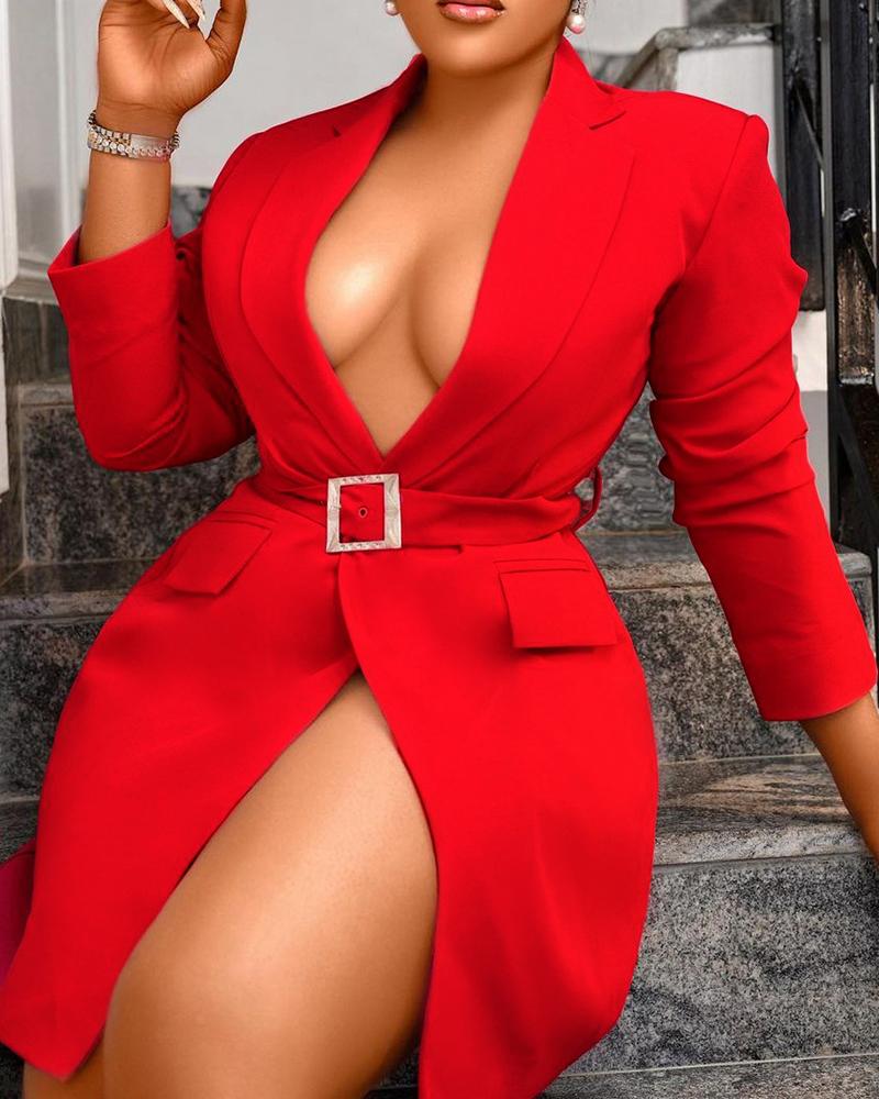 

Plunge Pocket Decor Blazer Dress With Belt, Red
