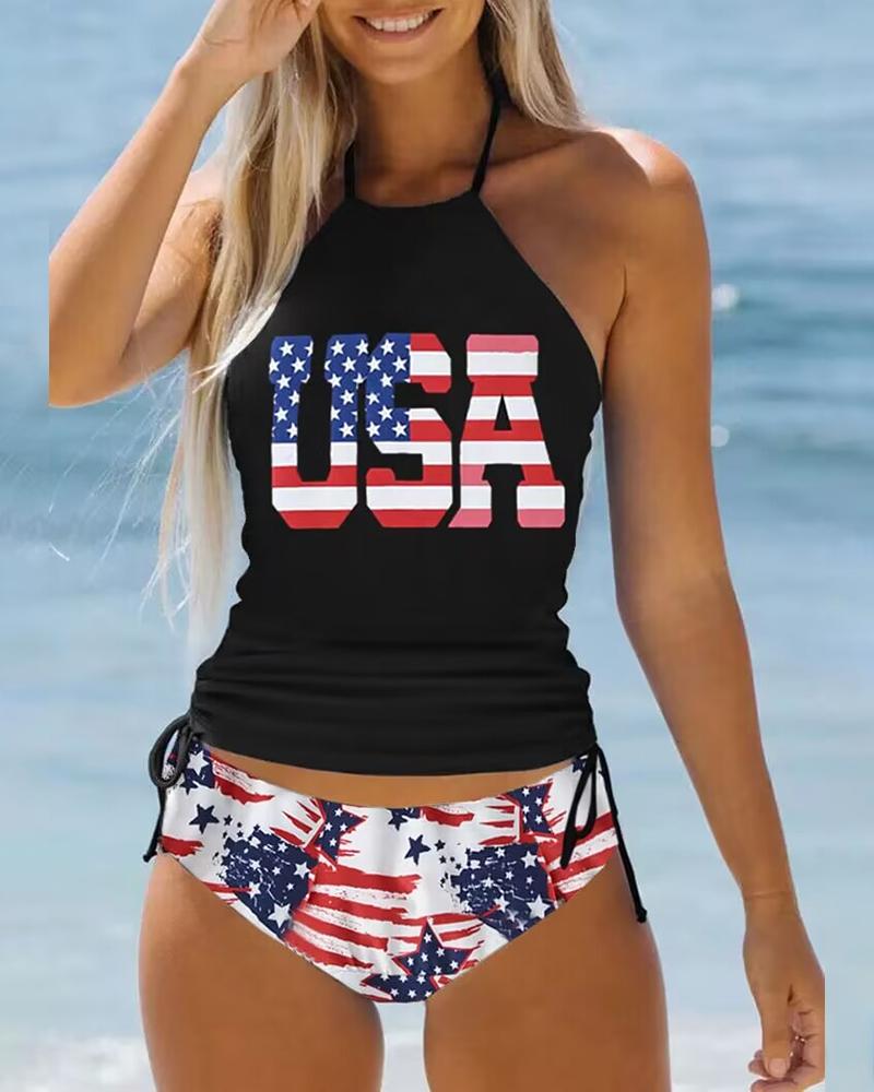 

Independence Day USA Flag Print Drawstring Tankini Set, Black