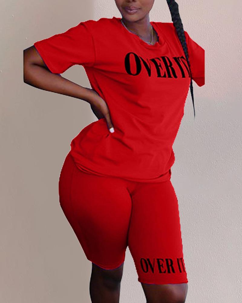 

Plus Size Letter Print Casual Top & Shorts Set, Red