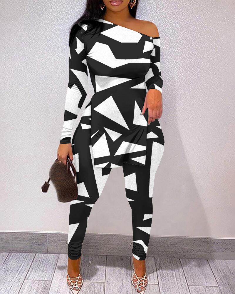 

Geometric Print Split Hem Long Sleeve Top & Pants Set, Black