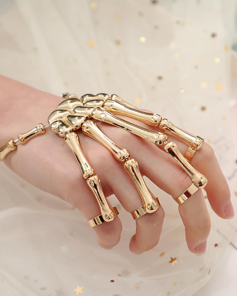 

Halloween Skull Skeleton Hand Bracelet With Ring, Gold