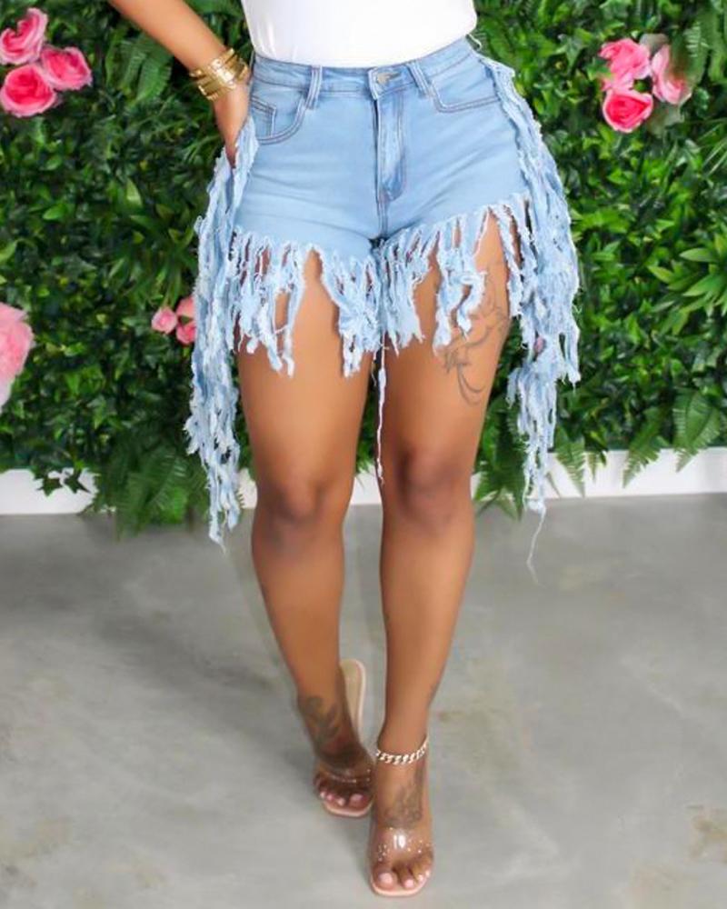 

Zipper Fly Fringe Trim Denim Shorts, Blue