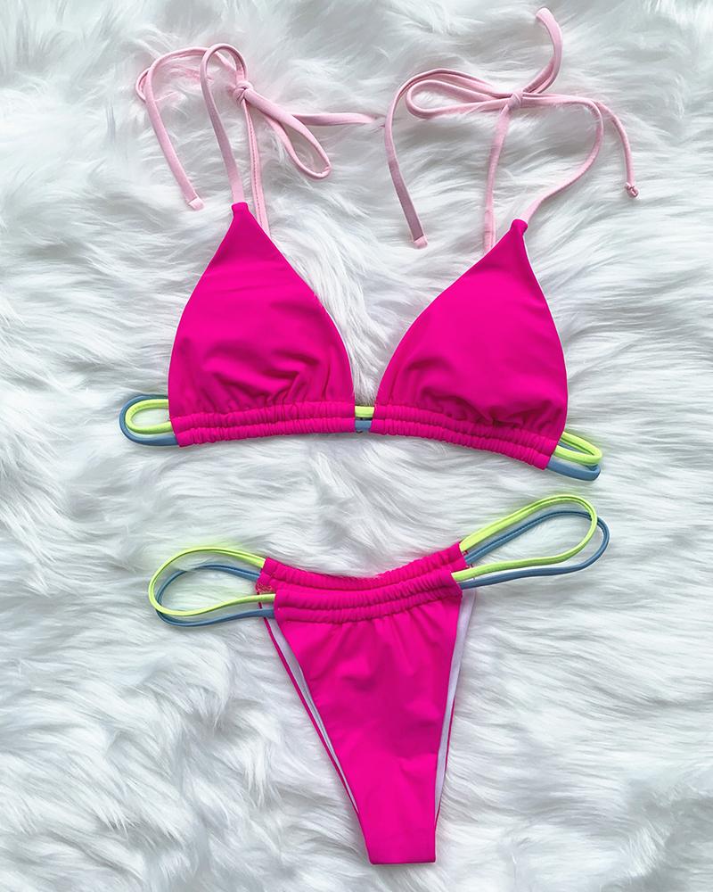 

Tied Detail Sleeveless Bikini Set, Hot pink