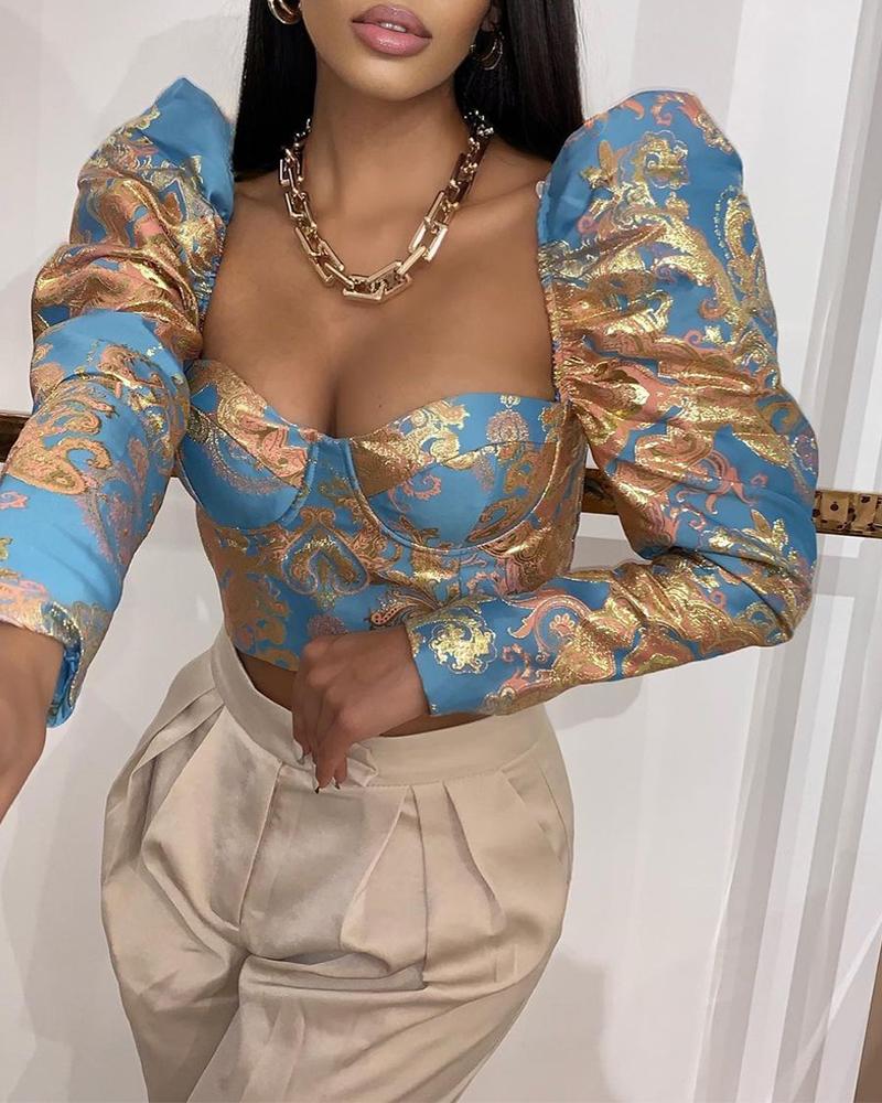 

Baroque Print Bronzing Puff Sleeve Crop Top, Blue