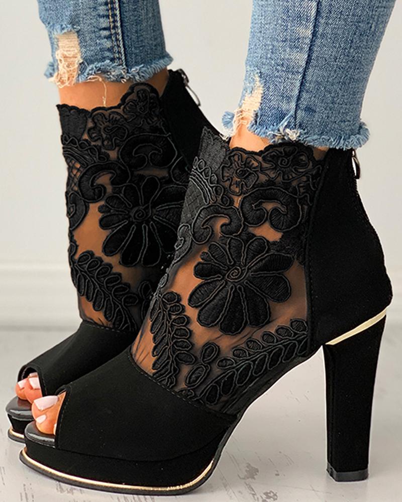 

Peep Toe Crochet Lace Patch Chunky Heels, Black