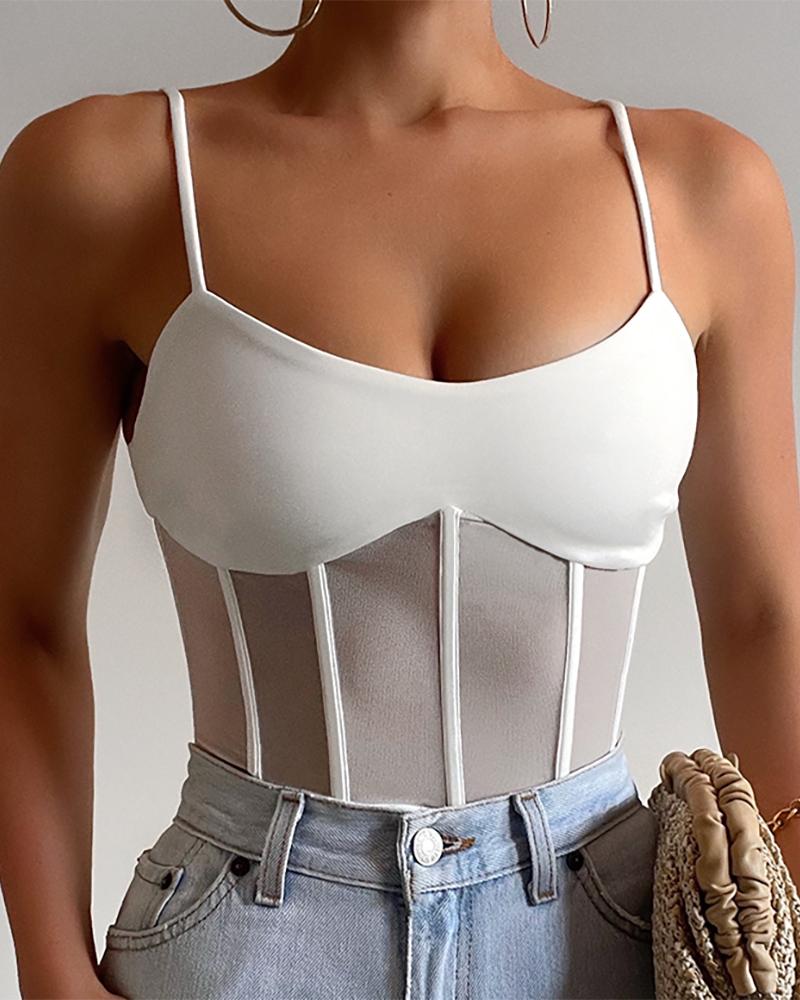 Sheer Mesh Patch Corset V Neck Top