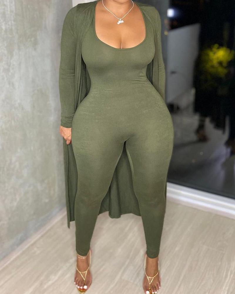 

U-Neck Sleeveless Jumpsuit & Longline Coat Set, Green