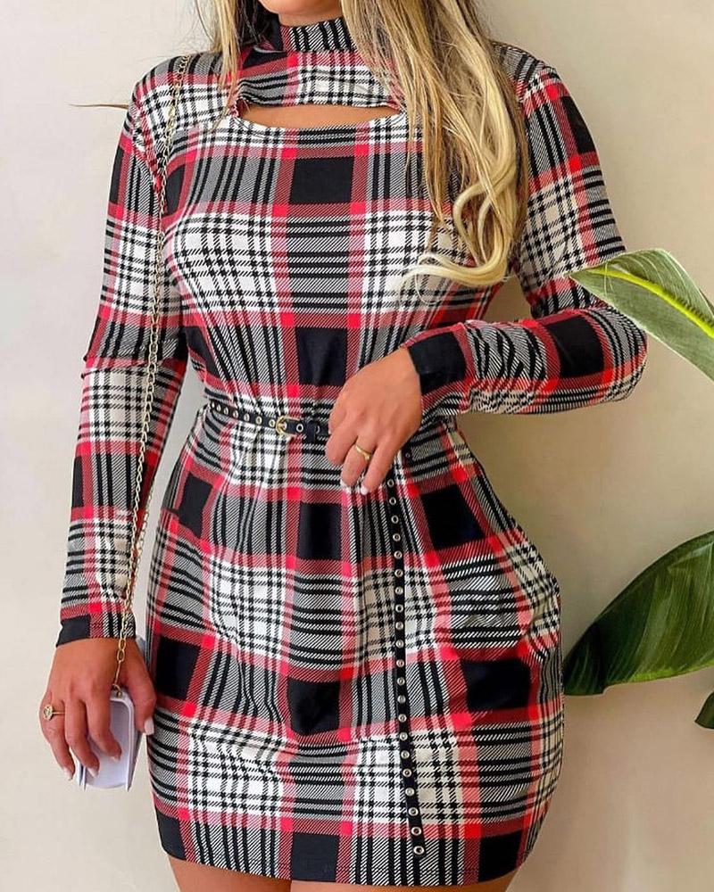 

Plaid Print Long Sleeve Cutout Bodycon Dress, Multicolor