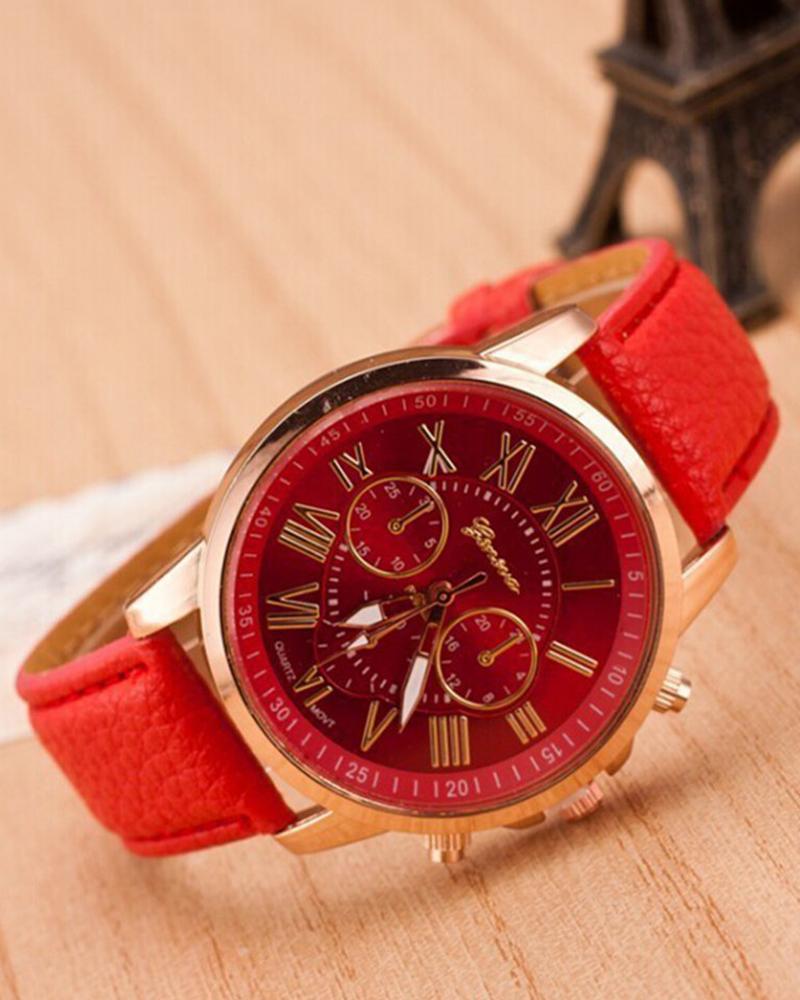 

1pc Leather Band Quartz Watch, Red