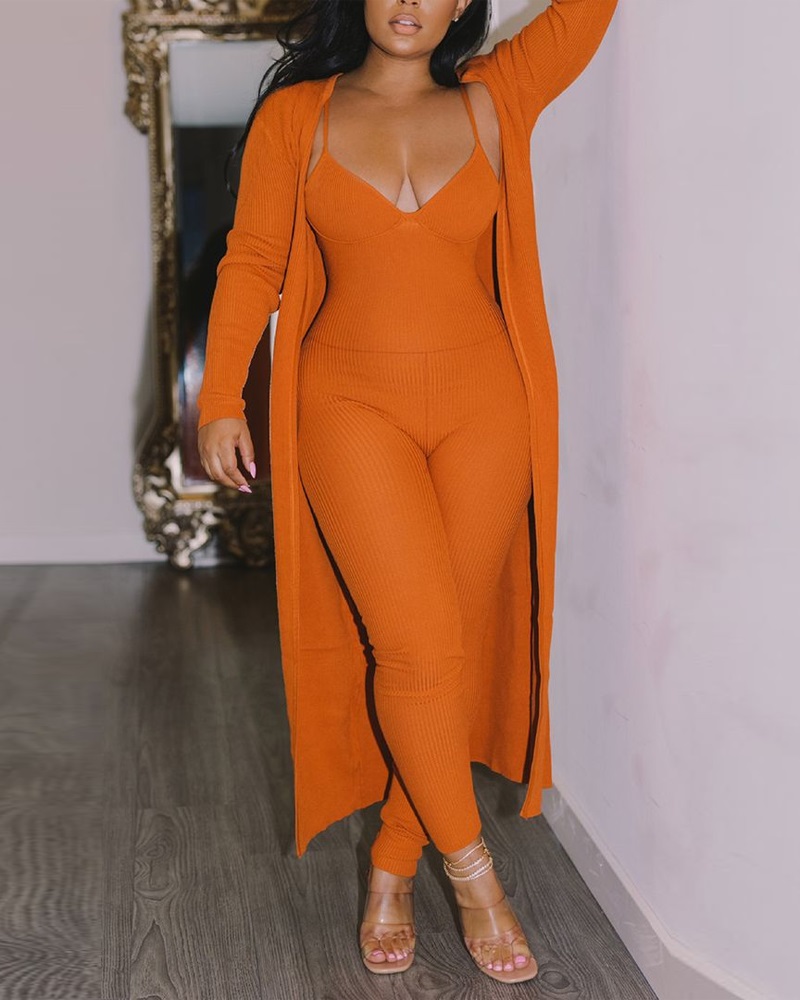 

Spaghetti Strap Ribbed Jumpsuit With Longline Cardigan, Orange