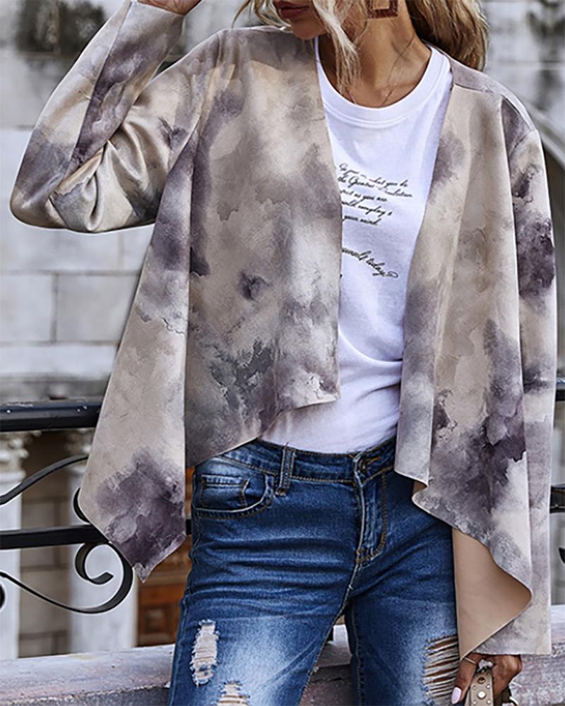 

Tie Dye Print Long Sleeve Suede Coat, Gray