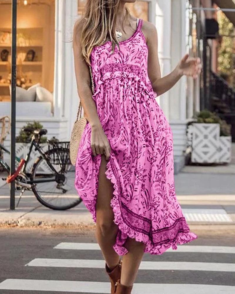 

Boho Style Floral Print Sling Mixi Dress, Pink