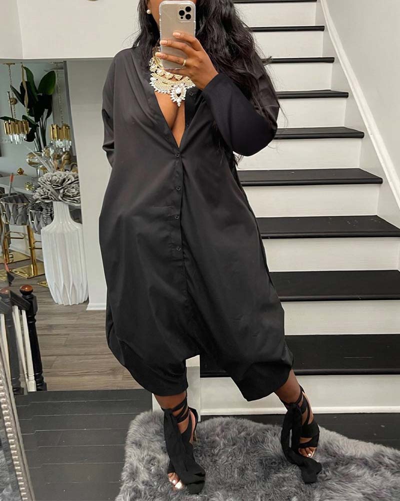 

Button Front Long Sleeve Oversized Jumpsuit, Black