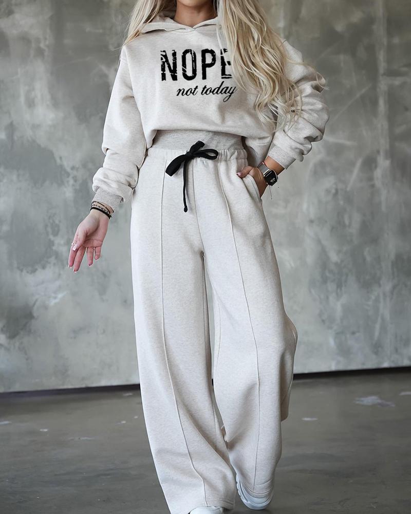 

Nope Not Today Print Hoodie & Wide Leg Pants Set, Beige