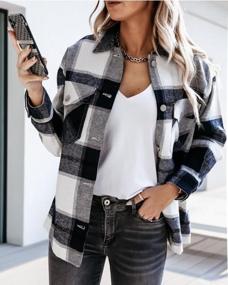 

Plaid Print Long Sleeve Button Up Shacket, Black