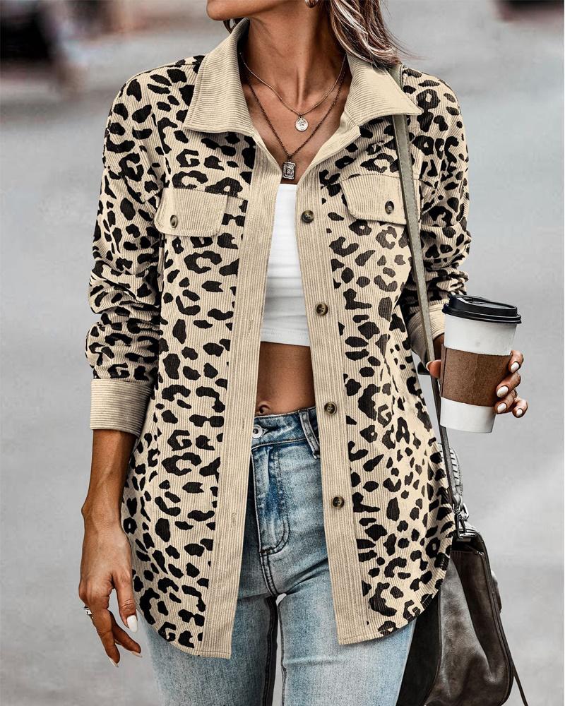 

Leopard Print Long Sleeve Button Down Shacket, Apricot