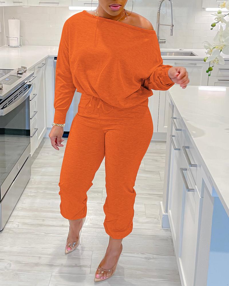 

Skew Neck Top & Drawstring Cuffed Pants Set, Orange