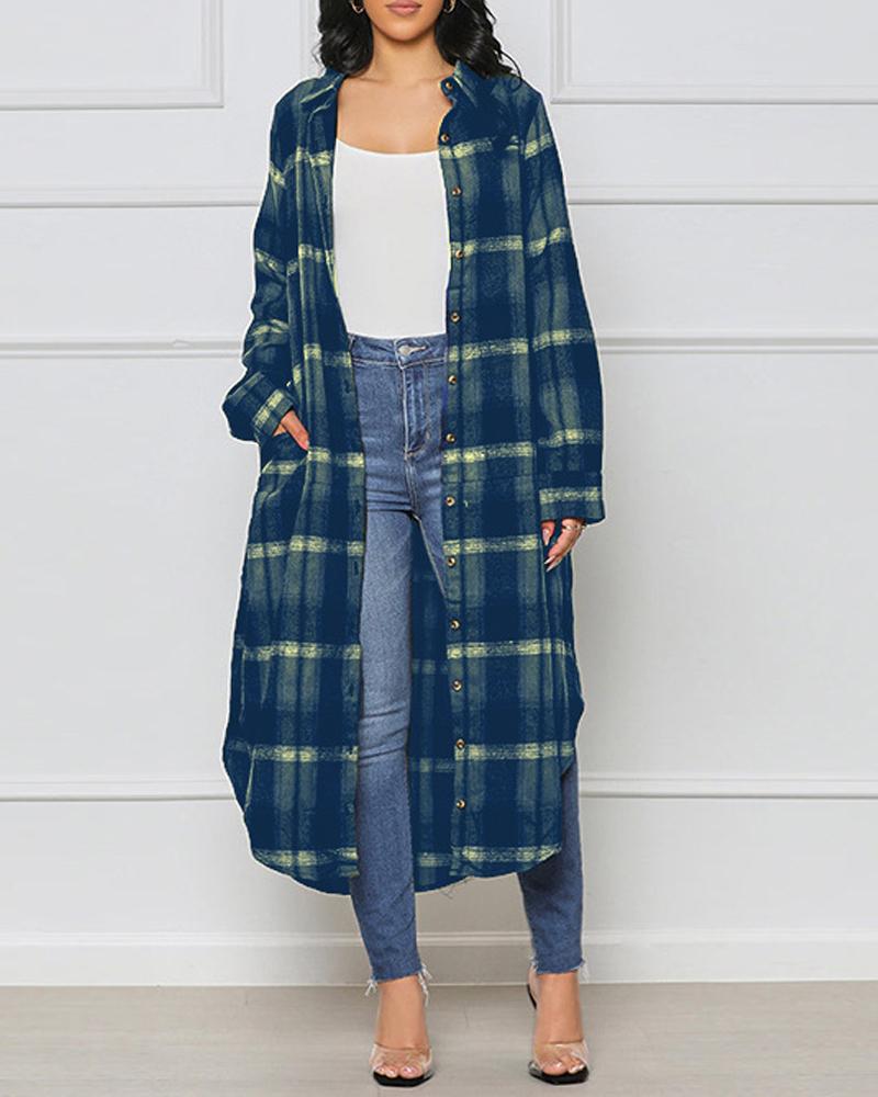 

Plaid Print Curved Hem Buttoned Longline Shacket, Purplish blue