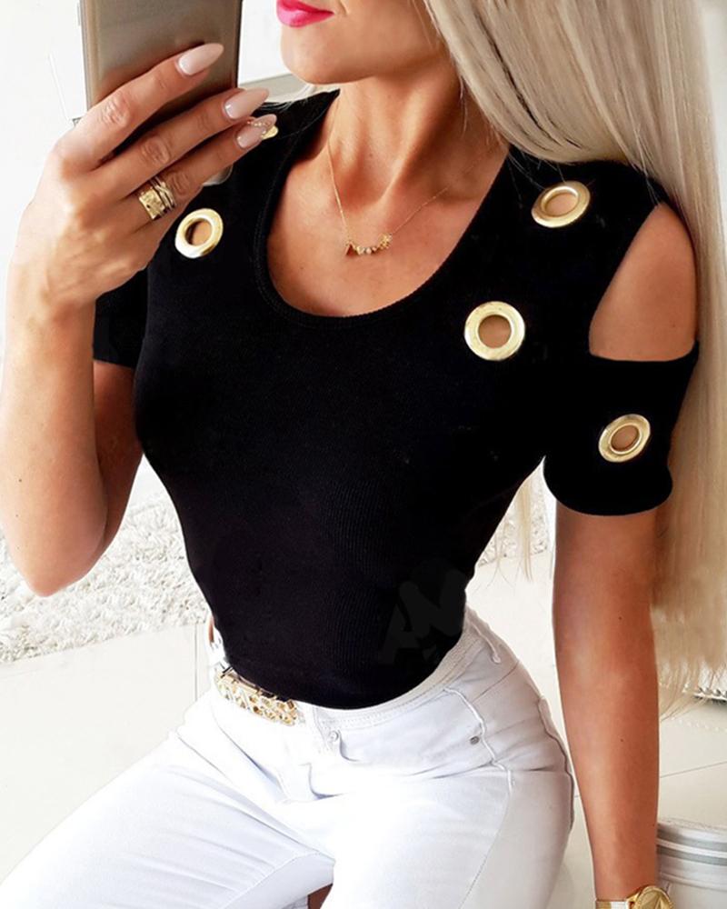

U-neck Eyelet Cold Shoulder Blouse, Black
