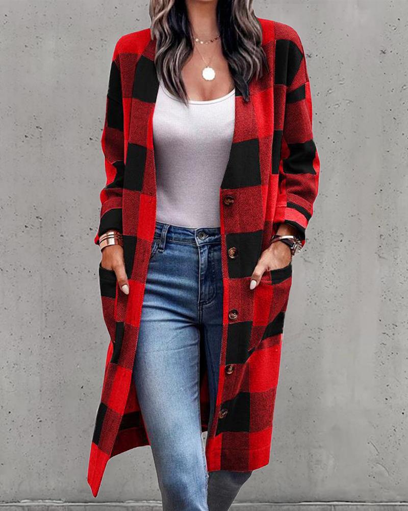 

Plaid Print Pocket Detail Longline Coat, Red