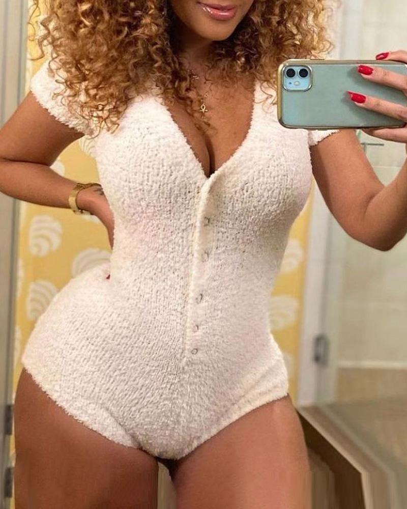 

V Neck Button Decor Fluffy Lounge Romper, Beige