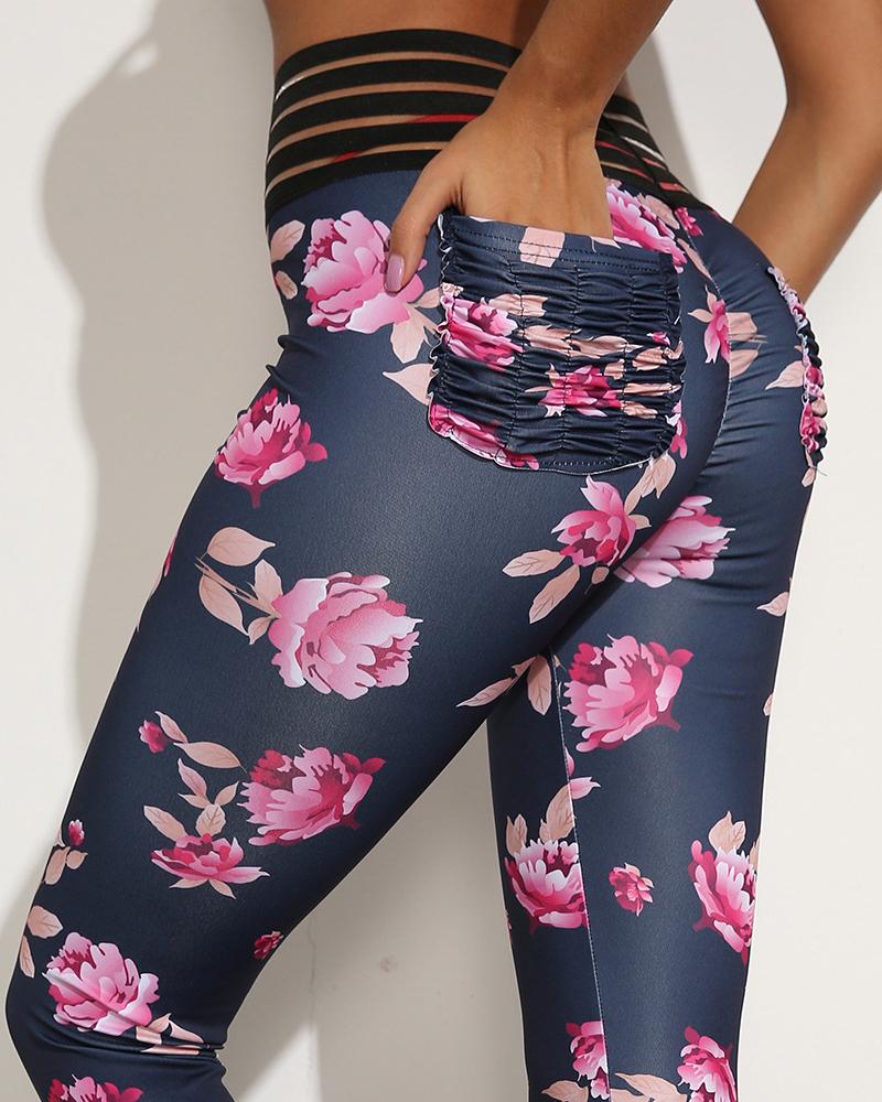 

Floral Print High Waist Booty Leggings Scrunch Butt Lifting Yoga Pants, Black