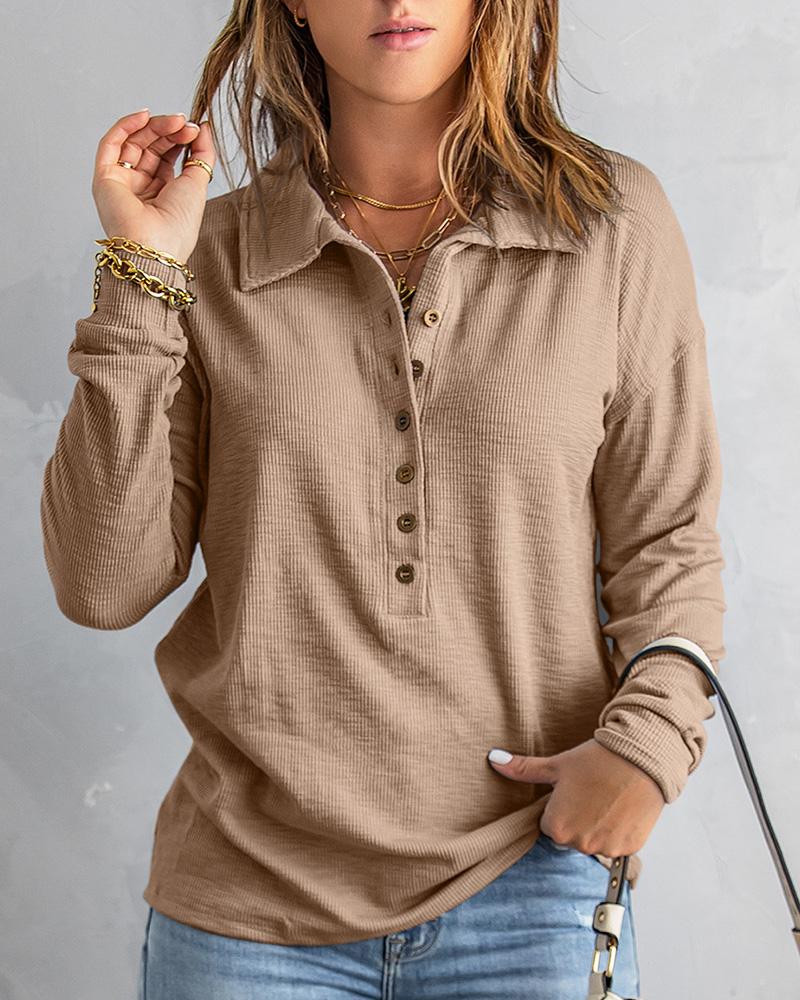 

Button Front Long Sleeve Casual Knit Top, Khaki