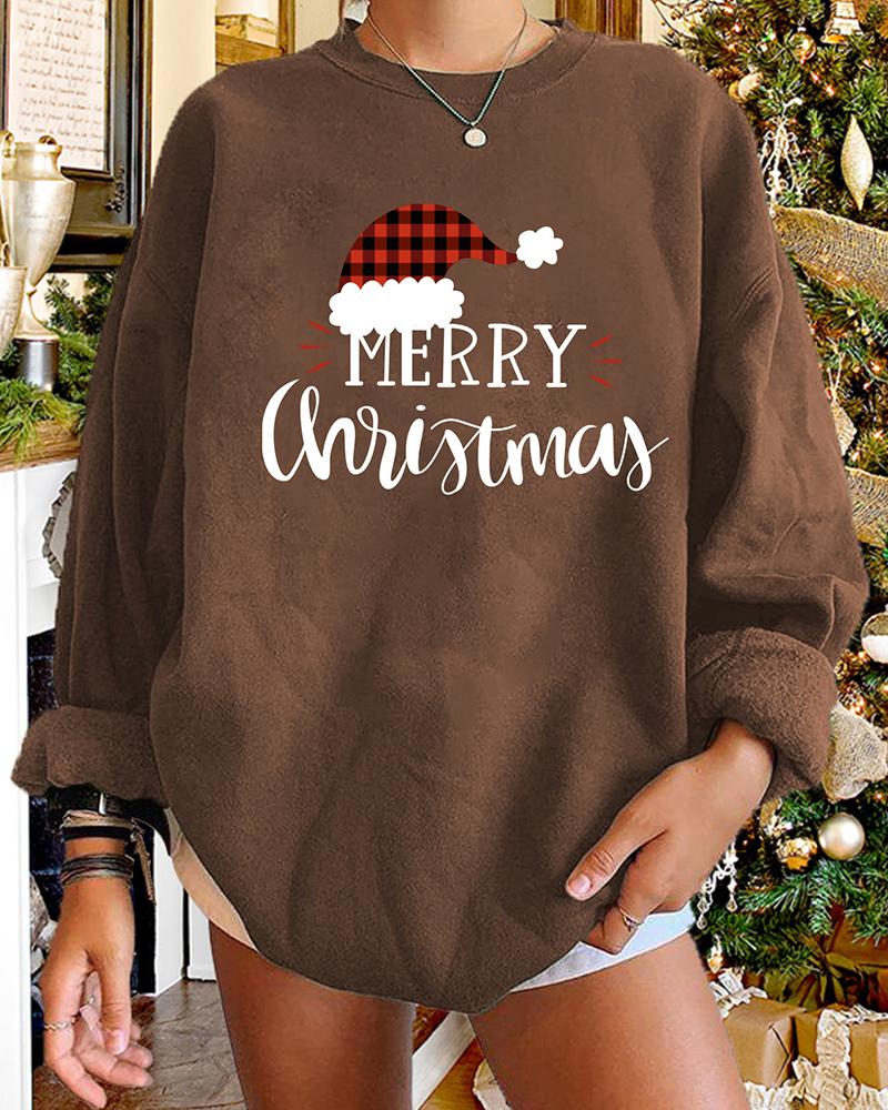 

Christmas Hat Letter Print Long Sleeve Sweatshirt, Coffee