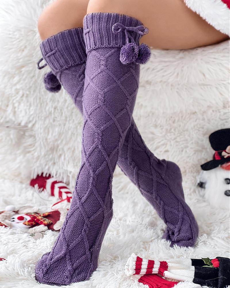 

1Pair Braided Pom Pom Over The Knee Socks, Purple