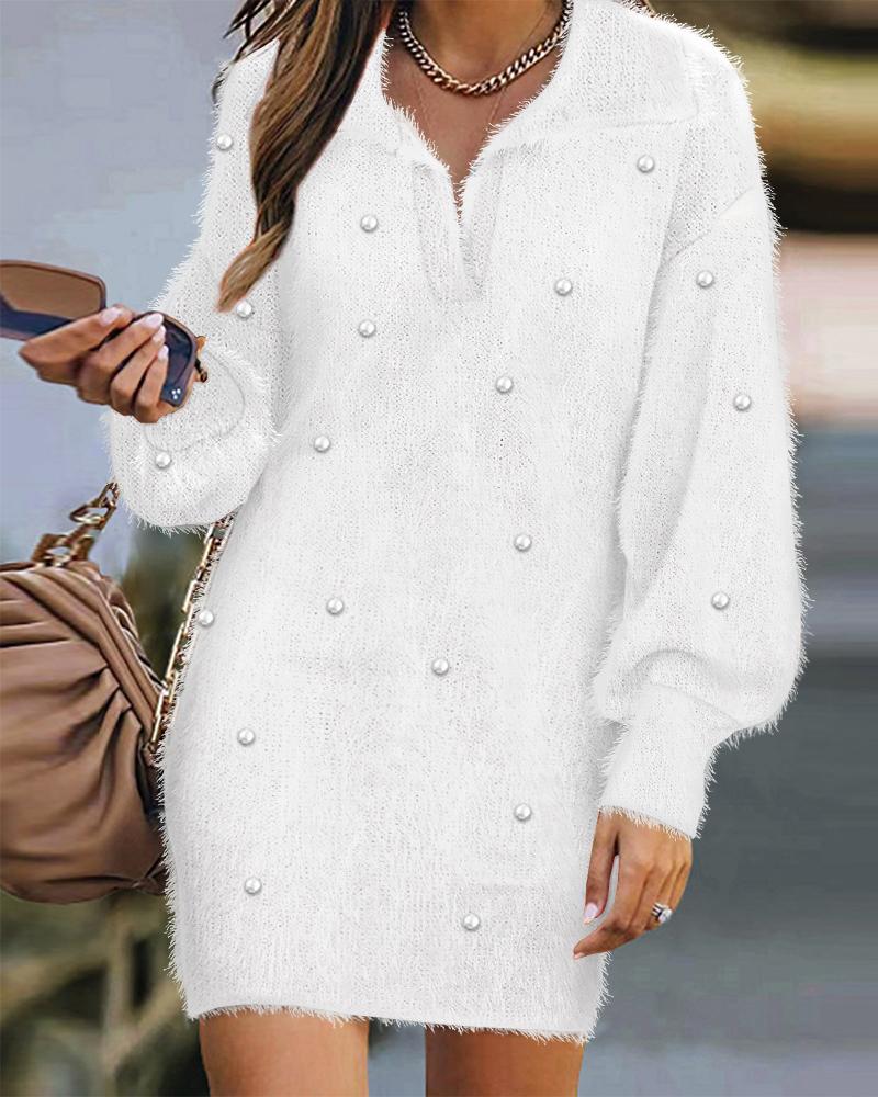 

Lantern Sleeve Studded Long Sleeve Dress, White