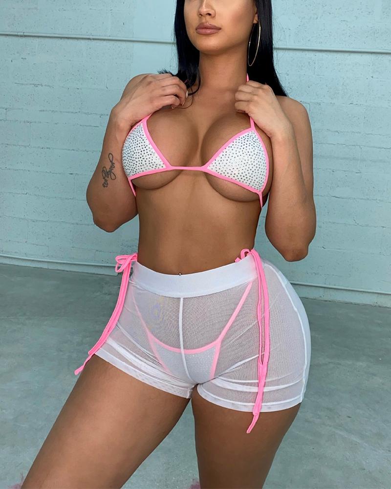 

Solid Color Side Striped Splicing Glitter Halter Sleeveless Cropped Top & Panties & Mesh Short Pants 3-Piece Suit Sets, White