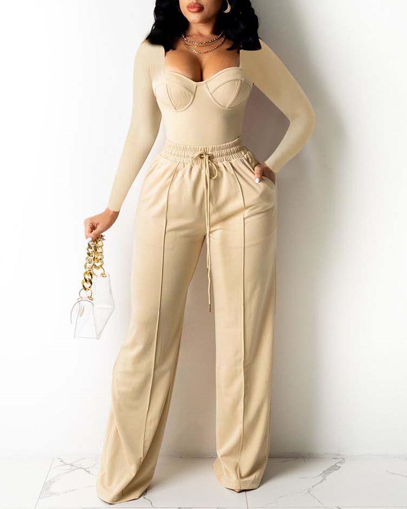 

Long Sleeve Top & Pocket Design Drawstring Pants Set, Nude