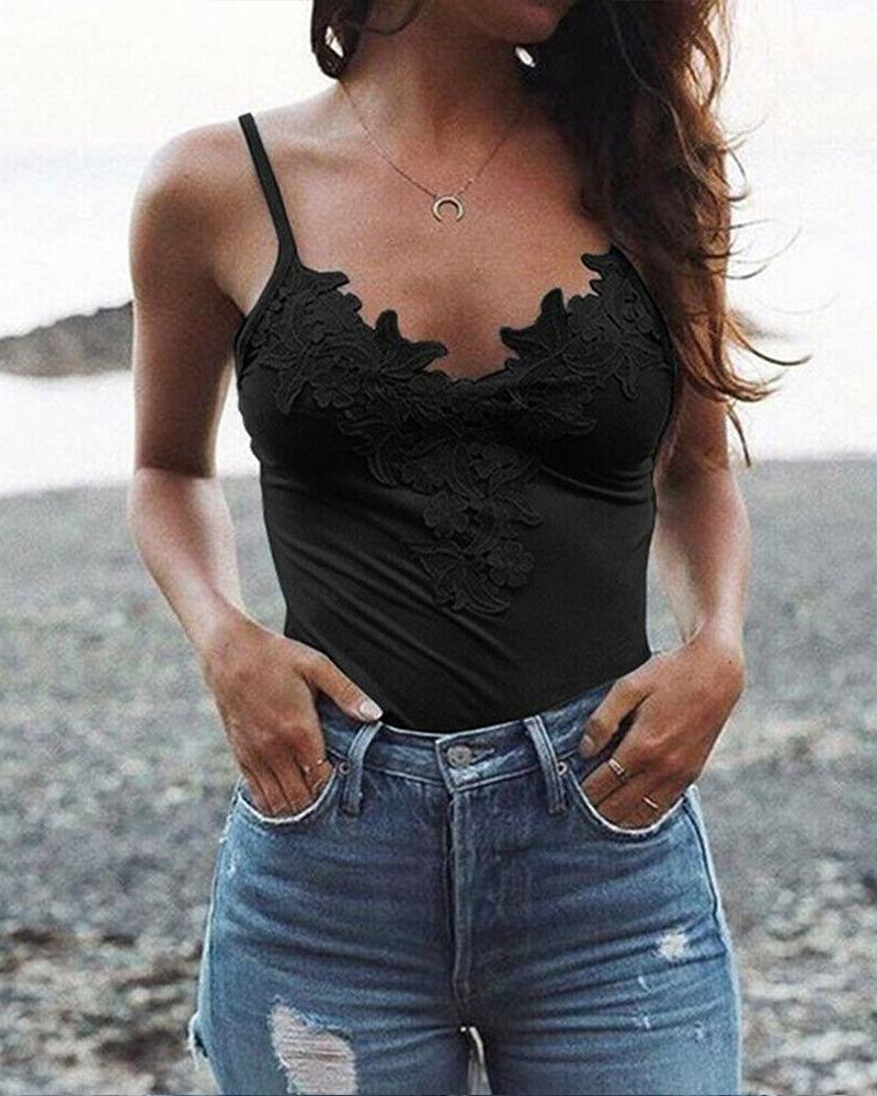 

V Neck Floral Embroidered Cami Top, Black