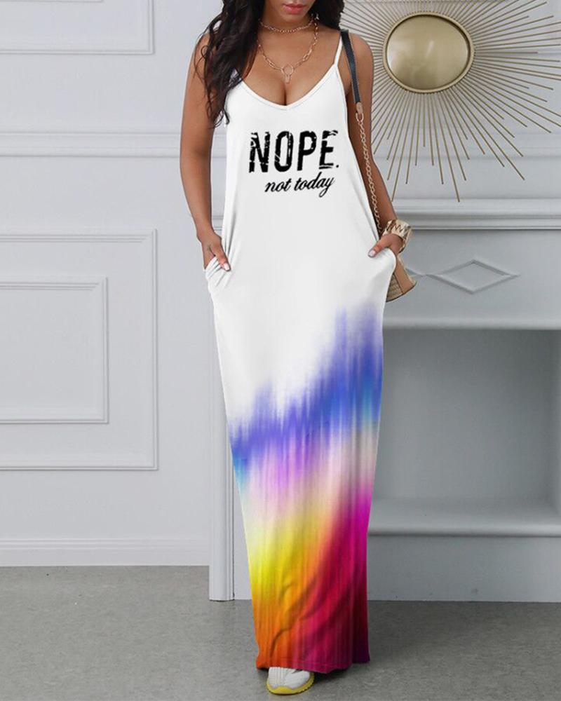 

Gradient Color Letter Print Casual Spaghetti Strap Maxi Dress, White