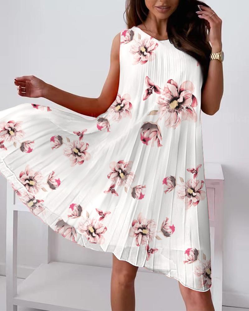 

Floral Print Sleeveless Pleated Swing Dress, White
