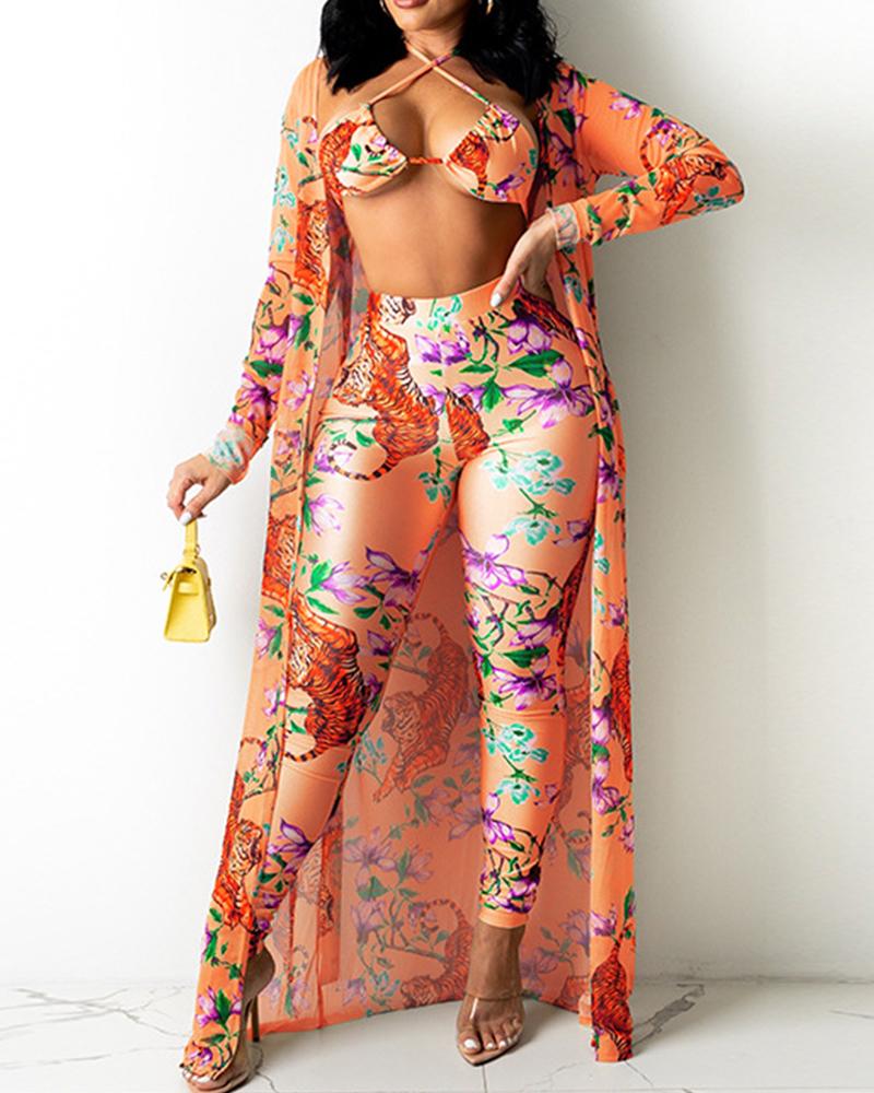 

Floral Print Halter Crop Top & Pencil Pants With Coat Set, Orange