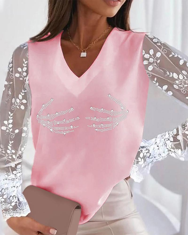 

Halloween Rhinestone Contrast Lace Long Sleeve Top, Pink