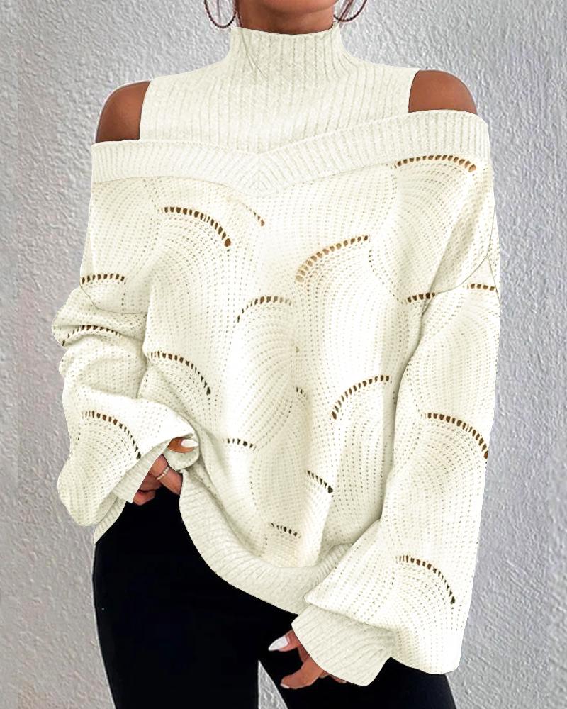 

Cold Shoulder Lantern Sleeve Hollow Out Knit Sweater, White