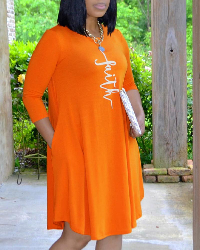 

Plus Size Letter Print Pocket Detail Casual Dress, Orange