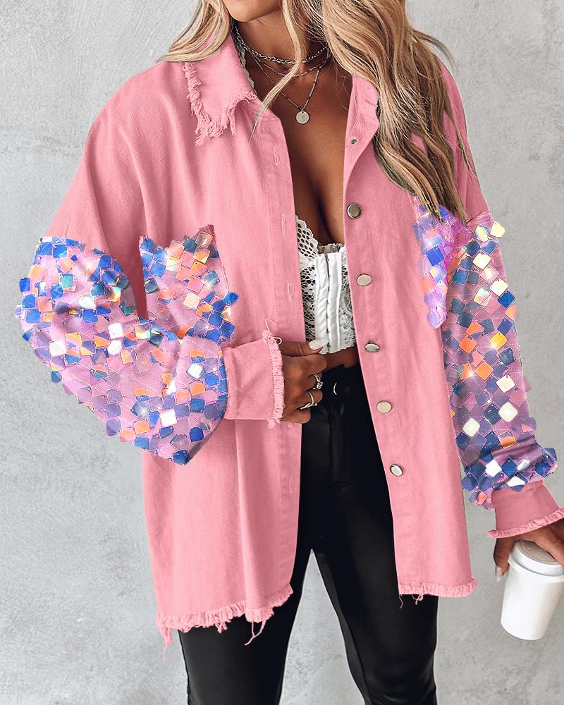 

Contrast Sequin Long Sleeve Jacket Top Button Front Raw Hem Loose Fit Shacket, Pink