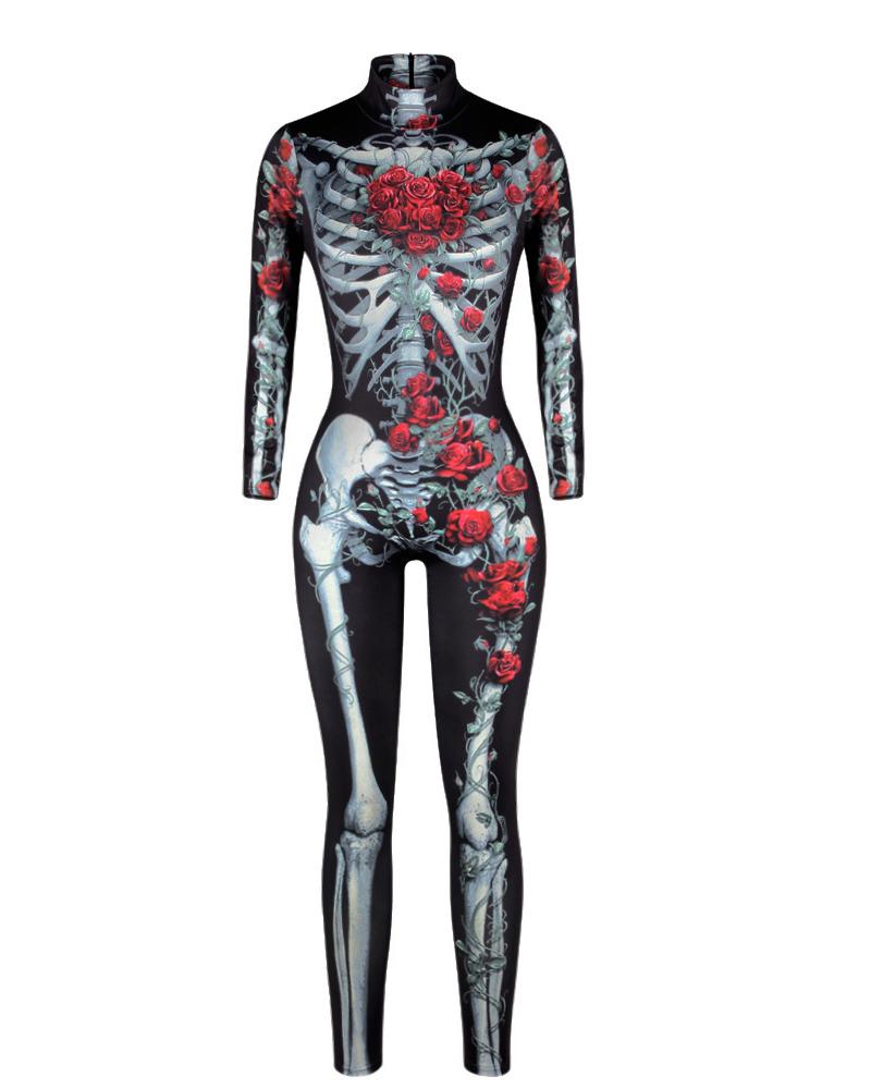 

Skull Skeleton Print Zip Back Halloween Costume Jumpsuit, Style3