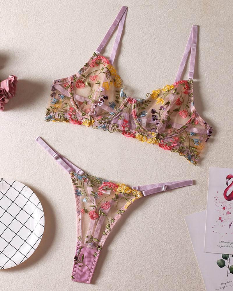 

Embroidery Floral Sheer Mesh Underwire Lingerie Set, Purple