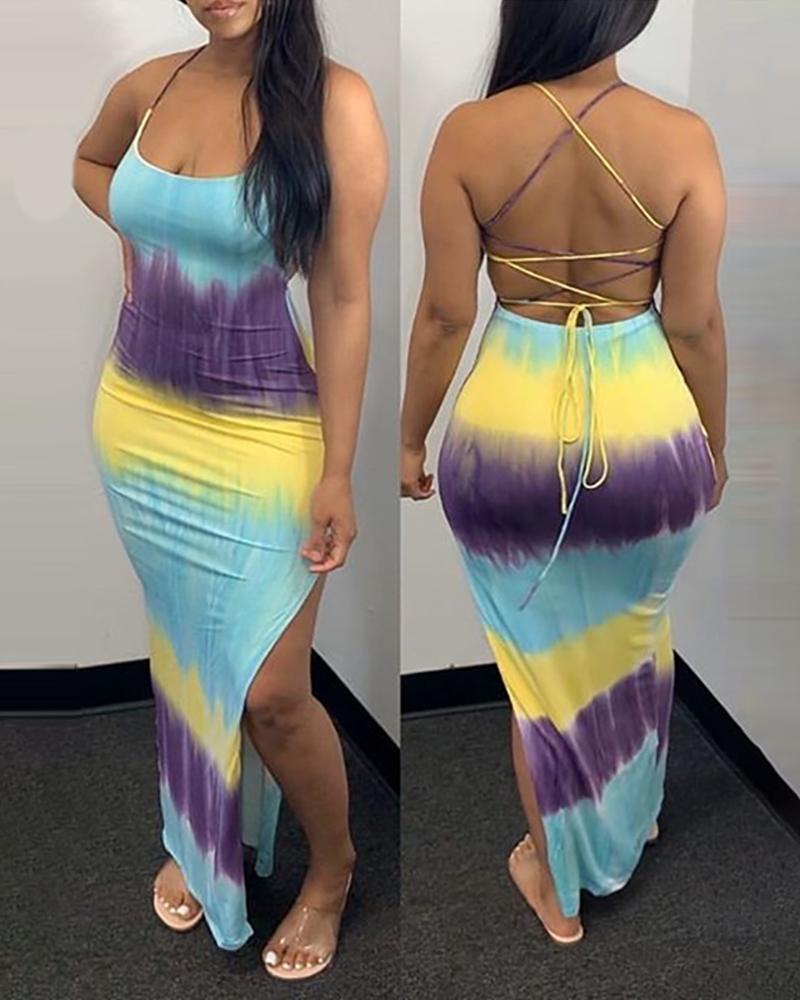 Ombre Crisscross Backless High Slit Maxi Dress