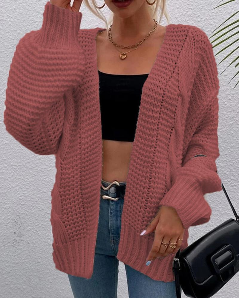 

Lantern Sleeve Open Front Cable Knit Cardigan, Pink