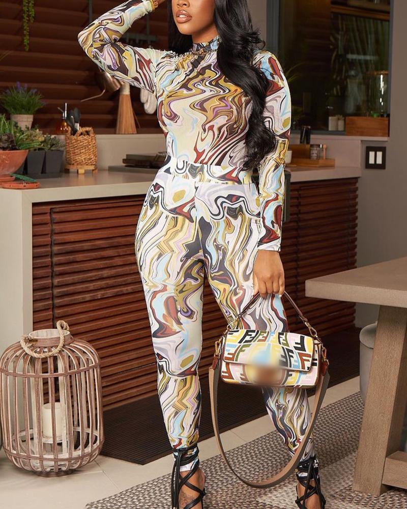 

Marble Print Long Sleeve Top & Pants Set, Multicolor